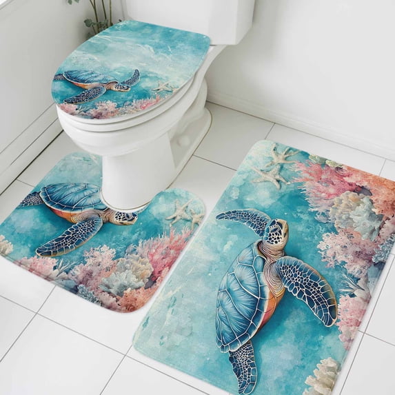 Blue Ocean Turtle Bathroom Rugs Set Nautical Watercolor Pink Orange Sea Coral Starfish Linen Non Slip Absorbent Bath Mats 3 Piece Set, U-Shaped Floor Mat, Toilet Seat Cover Large Size