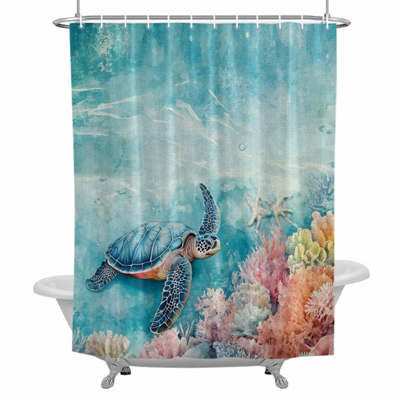 Blue Ocean Turtle Bathroom Shower Curtain, Nautical Watercolor Pink Orange Sea Coral Starfish Linen Waterproof Washable Soft Bath Curtain for Bathtub Decor with 12 Hooks&Grommet, 36x72 Inch