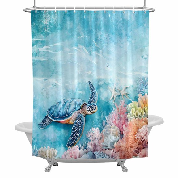 Blue Ocean Turtle Bathroom Shower Curtain, Nautical Watercolor Pink Orange Sea Coral Starfish Waterproof Washable Soft Bath Curtain for Bathtub Decor with 12 Hooks&Grommet, 60x72 Inch