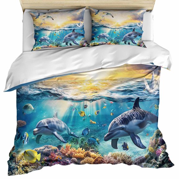 Blue Ocean Turtle Bedding 3 Piece Duvet Cover Set Twin Size, Dolphins Animals Coral Orange Sunlight Soft Microfiber Comforter Cover with Zipper Closure & Pillowcases, FadeResistant Quilt Cover