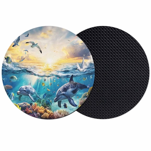 Blue Ocean Turtle Coasters Set of 2, Dolphins Animals Coral Orange Sunlight Absorbent Coasters for Drinks, Coaster for Bar Office Dining Coffee Table Accessories Decor, Non Slip Round Desk Coaster