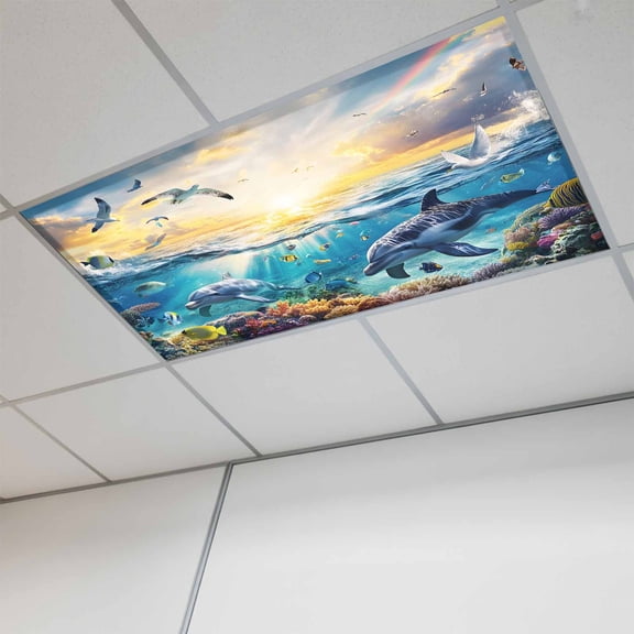 Blue Ocean Turtle Fluorescent Light Covers, Dolphins Animals Coral Orange Sunlight Magnetic Light Covers for Ceiling Lights, Fluorescent Ceiling Shade for Classroom Bedroom Office 4x2Ft x 1PCS