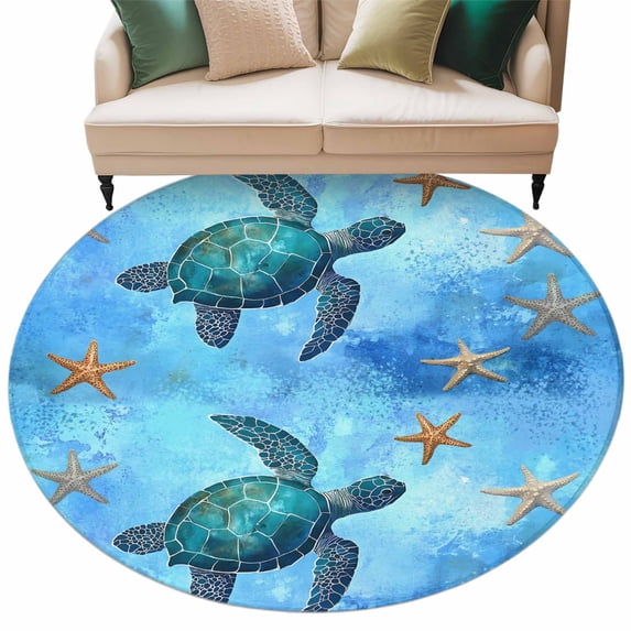 Blue Ocean Turtle Round Area Rug 5ft Vintage Nautical Watercolor Sea Turtle Yellow Starfish Non-Slip Washable Circle Rugs Soft Felt Indoor Floor Mat for Bedroom Kitchen Living Room Bathroom