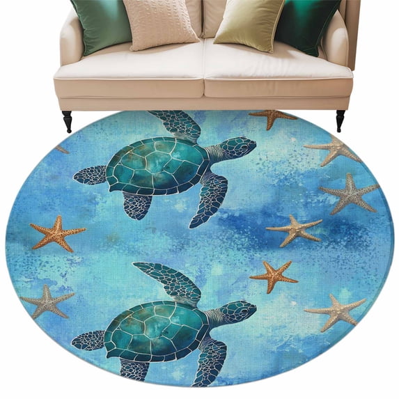 Blue Ocean Turtle Round Area Rug 6ft Vintage Nautical Watercolor Sea Turtle Starfish Linen Non-Slip Washable Circle Rugs Soft Felt Indoor Floor Mat for Bedroom Kitchen Living Room Bathroom