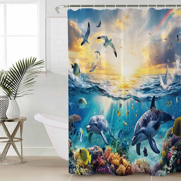 Blue Ocean Turtle Small Stall Shower Curtain, Waterproof Shower Curtains for Bathroom, Dolphins Animals Coral Orange Sunlight Washable Fabric Cloth Bath Curtain for Bathtub with Hooks 36x72 Inches