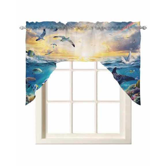 Blue Ocean Turtle Swag Valances for Windows, Small Curtains Drapes, Dolphins Animals Coral Orange Sunlight Kitchen Window Curtains Over Sink Window Treatment Valance for Bedroom/Bathroom 56"x36"