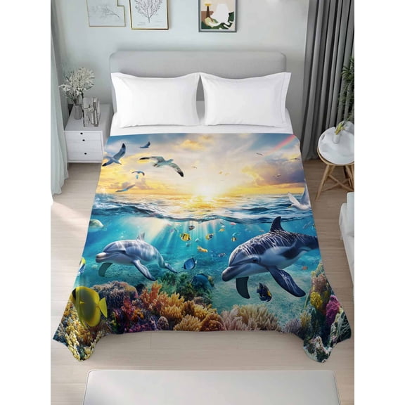 Blue Ocean Turtle Twim Size Flat Sheet, Wrinkleproof & Fadeproof Cooling Flat Bed Sheet Only, Dolphins Animals Coral Orange Sunlight Breathable Soft Bedding Top Sheets 66 x 96 Inches