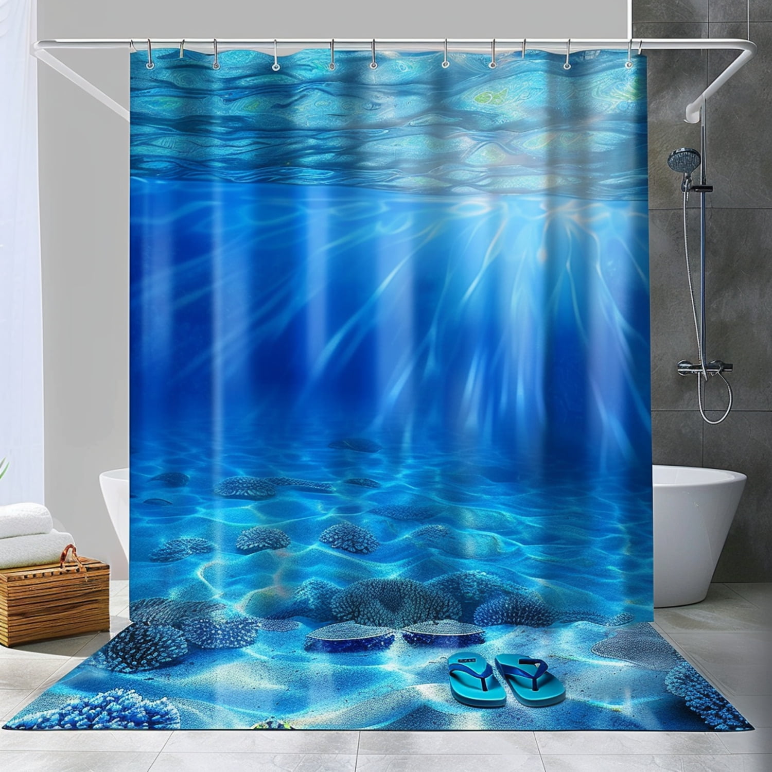 Blue Ocean Underwater Scene Shower Curtain High Quality Hyper Realistic