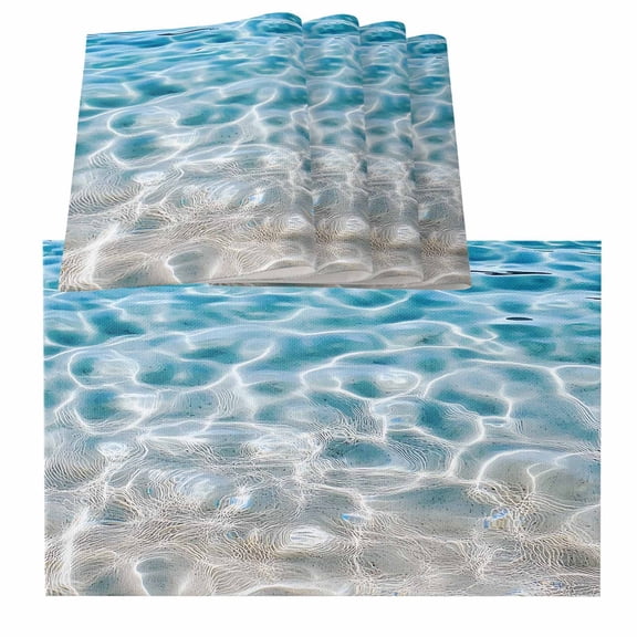 Blue Ocean Underwater Sea Waves Water Ripple Seascape Burlap Kitchen Place Mats Waterproof Cloth Table Mats, Indoor Outdoor Placemats Easy Clean Dinner Decor