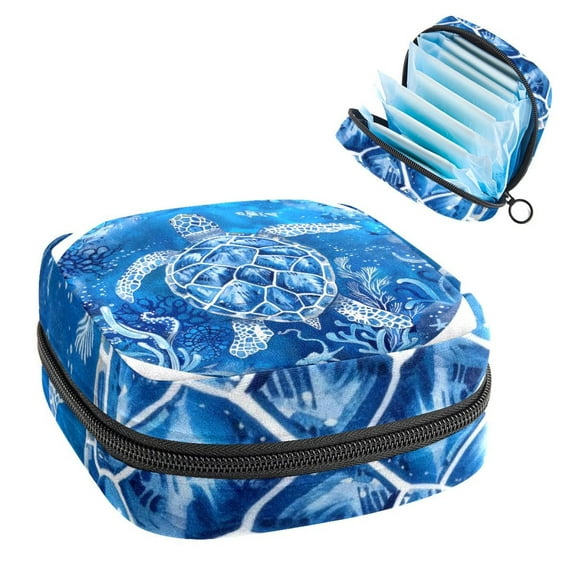 Blue Ocean Underwater Turtle Sanitary Napkin Storage Bag, Zipper Menstrual Cup Pouch Feminine Menstruation First Period Pads Holder for Girls Women Ladies