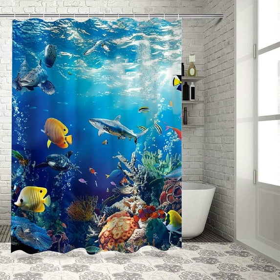Blue Ocean Underwater World Sea View Coral Reef Art Home Decoration Bathroom Shower Curtain Multiple Sizes with Hooks