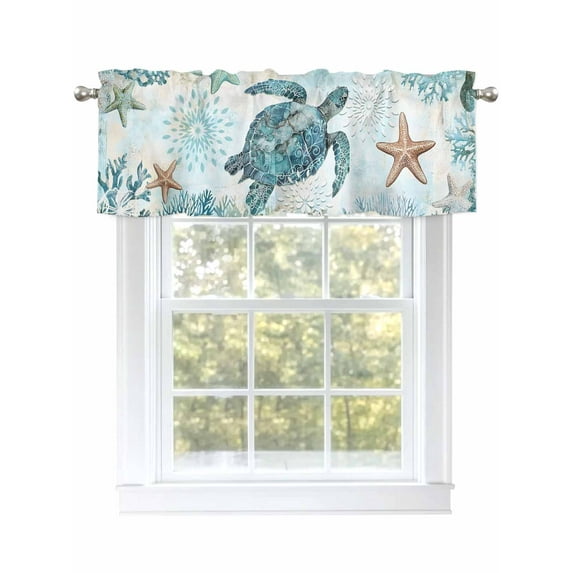 Blue Ocean Valances for Windows Sea Turtle Coral Starfish Retro Kitchen Valance Curtain Rod Pocket Small Curtains for Cafe Bathroom Laundry Basement 42" x 18"