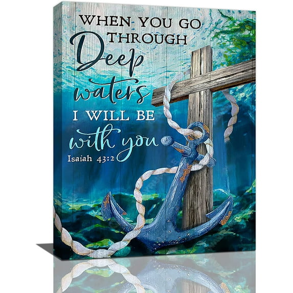 Blue Ocean Wall Art for Bathroom Christian Anchor Decor Nautical Pictures Wall Decor Bible Verse Motivational Quotes Painting Cross Framed Artwork for Home Living Room Bedroom 12x16