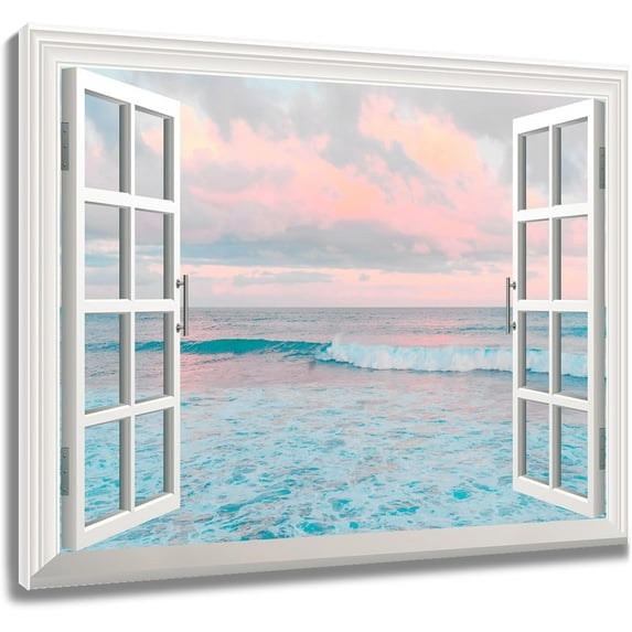 Blue Ocean Wall Art for Bathroom Coastal Sea and Pink Sky Cloud Canvas Wall Art Wall Paintings Home Decor Seaside Landscape Wall Pictures for Living Room Bedroom Office Ready To Hang, 16x12 Inch