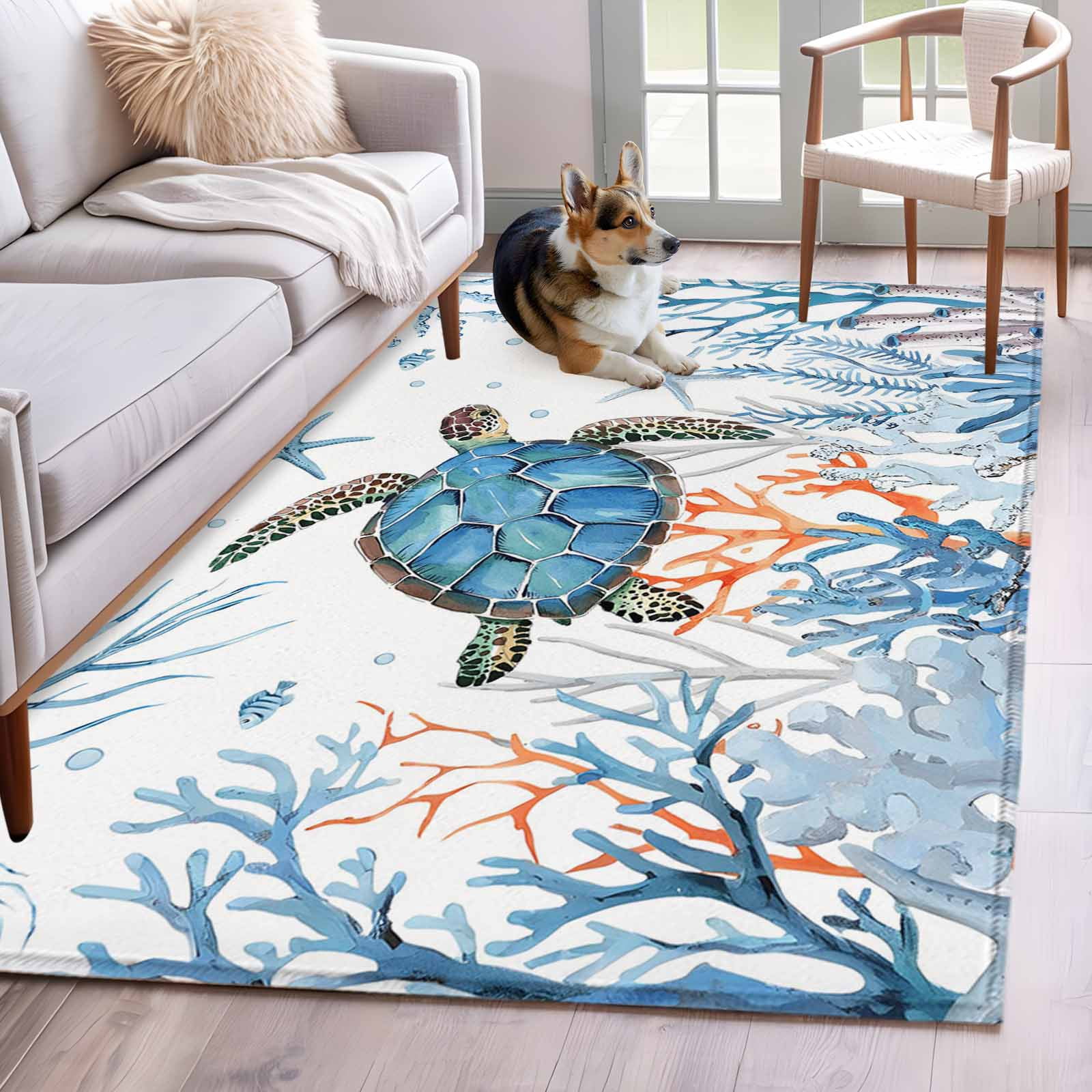 Blue Turtle Rug Blue Ocean Washable Area Rugs 3'x5', Sea Turtle Fish Jellyfish Low Pile ...
