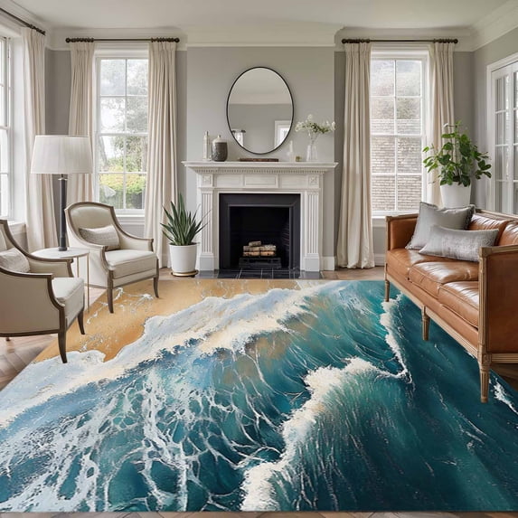 Blue Ocean Washable Living Room Rugs 5'x8', Wave Texture Beach Abstract Modern Art Low Pile Throw Large Area Rug Non-Slip Sturdy Edge Binding Carpet for Living Room Kitchen Office