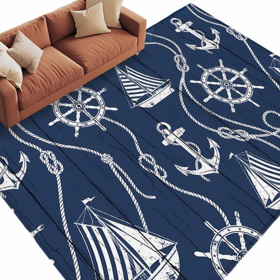 Blue Ocean Washable Living Room Rugs 9'x12', Rustic Nautical Coastal Sea Beach Sailboat Anchor Rope Low Pile Throw Large Area Rug Non-Slip Sturdy Edge Binding Carpet for Bedroom Dining Room Office