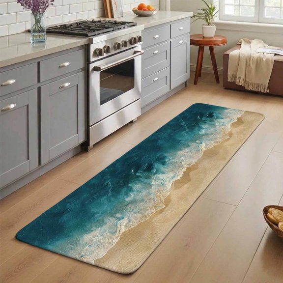 Blue Ocean Washable Runner Rug 3X5 ft Beach Wave Pattern Non-Slip Hallway Runner Rug, Linen Kitchen Runner Mats, Indoor Floor Carpet for Entryway Bathroom Bedroom Living Room
