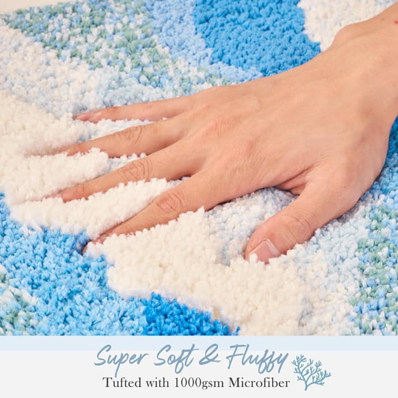 Blue Ocean Wave Bath Mat, Cute Funky Bathroom Rugs for Coastal Beach Nautical Themed Decor, Non-Slip Washable Accent Rug for Bedroom Kitchen, Trendy Tufted Shower Mats 31"x 21"