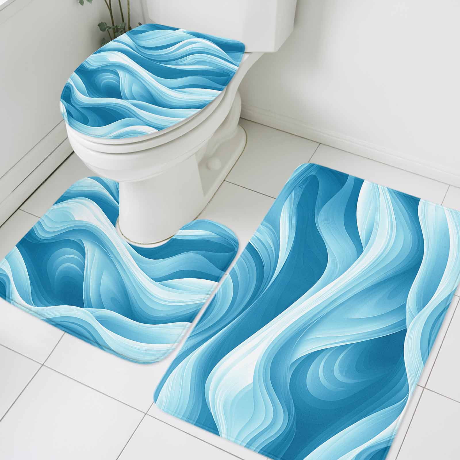 Blue Ocean Wave Bathroom Rugs Set Modern Abstract Art Gradient Blue ...