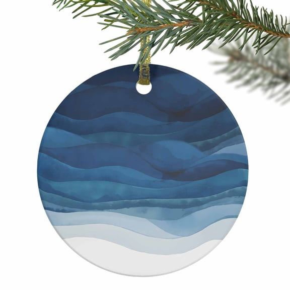 Blue Ocean Wave Christmas Ceramic Ornament 2025,3" Round Xmas Tree Hanging Accessories with Gold Ribbon