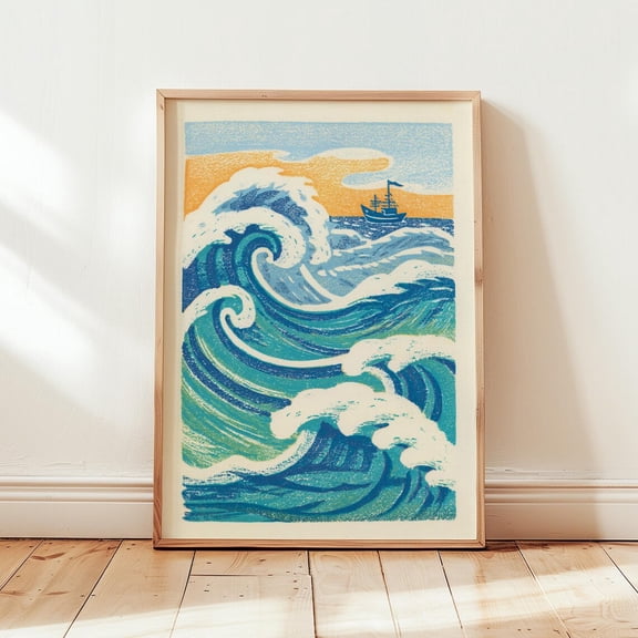Blue Ocean Wave Coastal Nautical Japanese Wave Style Artwork