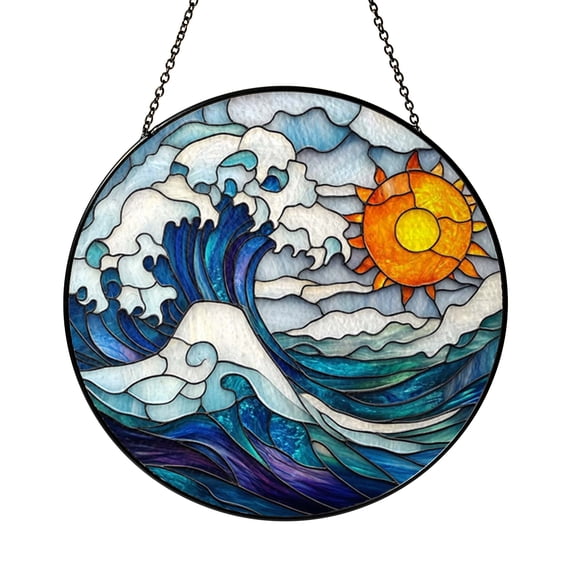 Blue Ocean Wave Glass Window Decor, Coastal Suncatcher Hanging Art, Relaxing Beach Style Accent