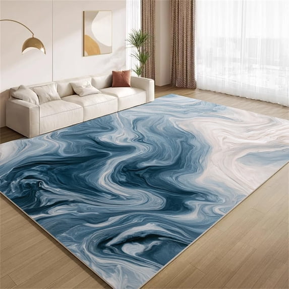 Blue Ocean Wave Marble Area Rugs, Indigo Fluid Art Carpet, Washable Non ...