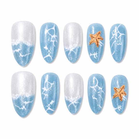 Blue Ocean Wave Press on Nails, Medium Almond Glossy Cat Eye False Nails with Starfish Accent, 30 Count