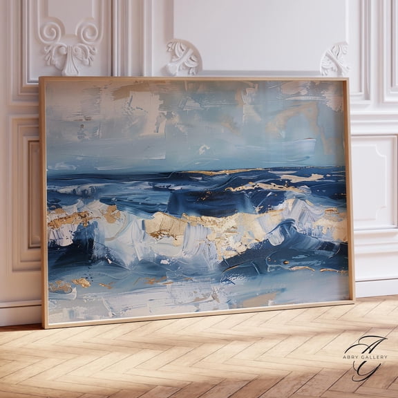 Blue Ocean Waves Abstract Art Poster: Coastal Home Decor, Stretched Canvas Size 8x12