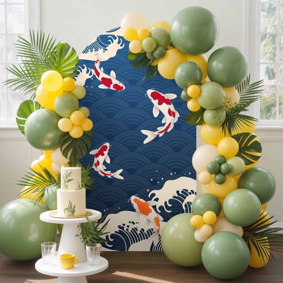 Blue Ocean Waves Arch Backdrop Cover, 5FT, Japanese Style Red Fish Harmony Spandex Arch Covers Double-Sided Backdrop for Wedding Birthday Party Photo Background Decoration
