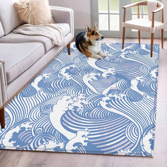 Blue Ocean Waves Area Rug 4x6 Washable Rug Non Slip Abstract Art Moire Seaside Large Area Rug Indoor Floor Carpet for Entryway Bedroom Kitchen Living Room Home Office Dining Room Nursery