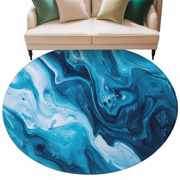 Blue Ocean Waves Area Rug, Blue Marble Washable Large Circle Carpet, Non Slip Round Rug for Living Room/Bedroom/Dining Room/Home Office/Dorm