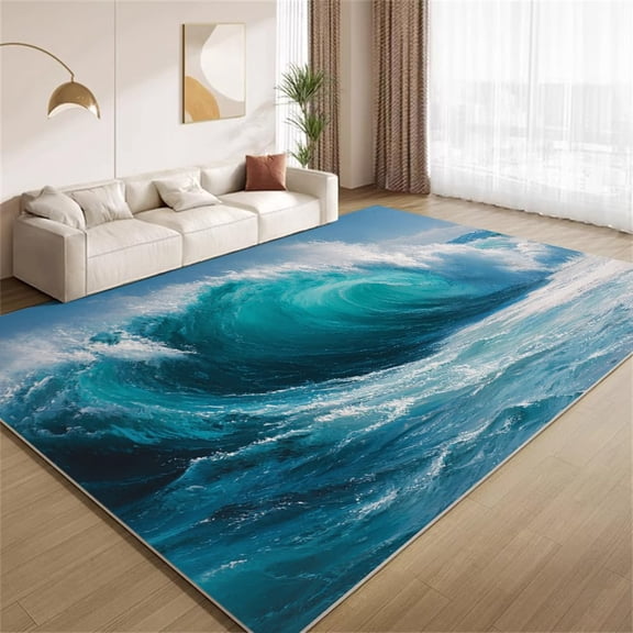Blue Ocean Waves Area Rugs, Rolling Wave Pattern Carpet, Washable Non Slip Low Pile Soft Rug for Living Room Bedroom Decor Mat 2x3ft