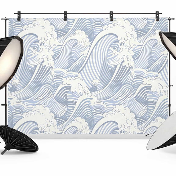 Blue Ocean Waves Backdrop for Photography, Fabric Photo Background Backdrop, Moire Seaside Abstract Art Photo Booth Background for Portrait Photoshoot Video Wedding Studio Decoration Banner 7x5ft