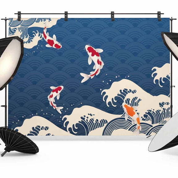 Blue Ocean Waves Backdrop for Photography, Japanese Style Red Fish Harmony Photo Backdrop Portrait Background Party Banner Photo Backgrounds for Studio Booth Props, 8x6ft