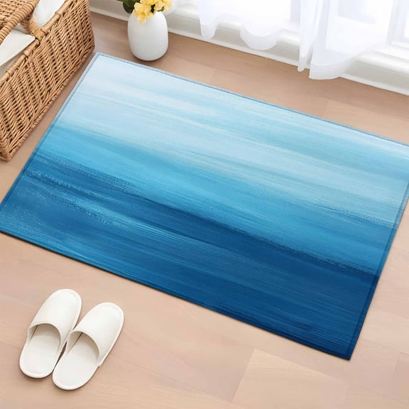 Blue Ocean Waves Bathroom Rug Washable 2x3 Entryway Rug Non Slip Stripe Ombre Coastal Front Door Mat Low Pile Indoor Doormat Throw Floor Carpet for Kitchen Bedroom Entrance
