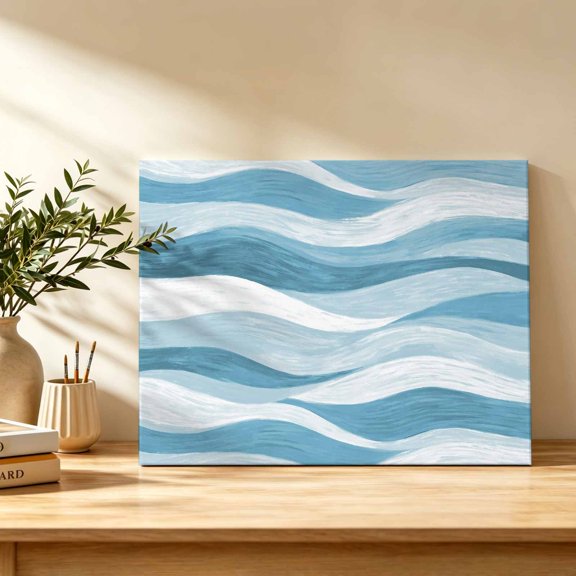 Blue Ocean Waves Canvas Wall Art, Abstract Modern Ombre Stripes Wall Art Prints Artwork Framed Canvas Ready to Hang Art Pictures for Bathroom, Dressing Table, Entryway 12" x 8"