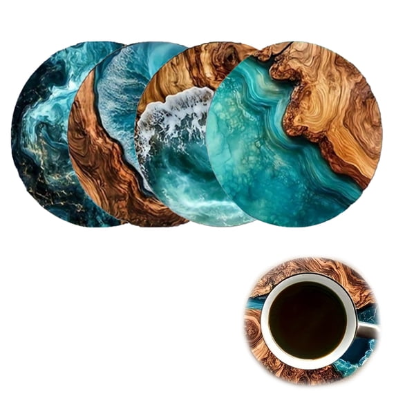 Blue Ocean Waves Coasters Set of 4,Heat-Resistant, Reusable, Scratch-Protective Coaster Set,Non-Slip Drink Coasters with Cork Bottom,Unique Coastal Beach Theme Home Decor for Coffee Table