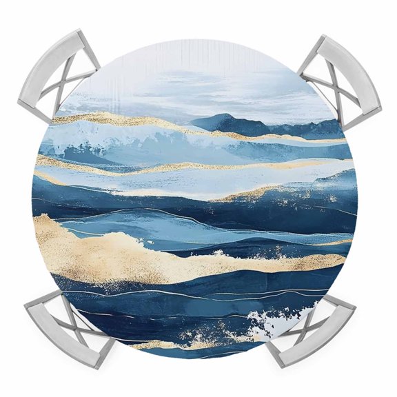 Blue Ocean Waves Elastic Fitted Round Table Cover Abstract Gold Giraffe Waterproof Outdoor Tablecloth for Holiday Party, Picnic, Patio & Dining Fits Tables Up to 36"-44"
