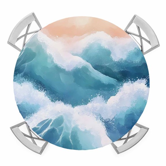 Blue Ocean Waves Elastic Fitted Round Table Cover Abstract Ombre Waterproof Outdoor Tablecloth for Holiday Party, Picnic, Patio & Dining Fits Tables Up to 36"-44"