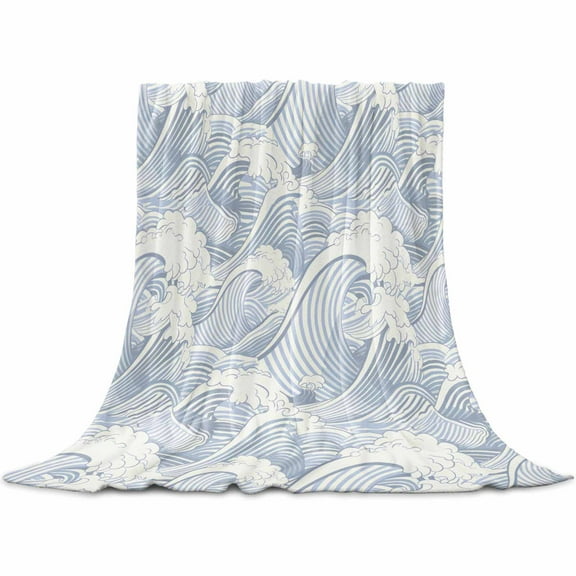 Blue Ocean Waves Flannel Blanket for Bed, Moire Seaside Abstract Art Soft Cozy Warm Couch Throw Blanket, Lightweight Fluffy Plush Bedding Blankets for Sofa Decor All Season 50"x60"