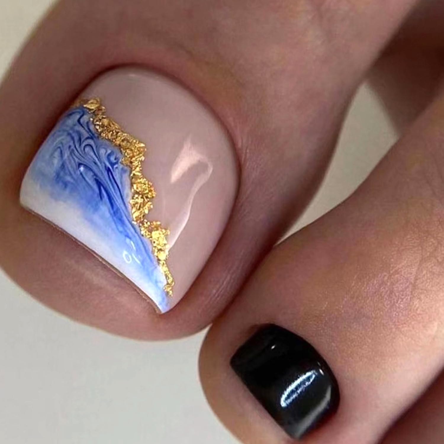 Blue Ocean Waves Gold Foil Press Nails Toes Black Solid Color Fake