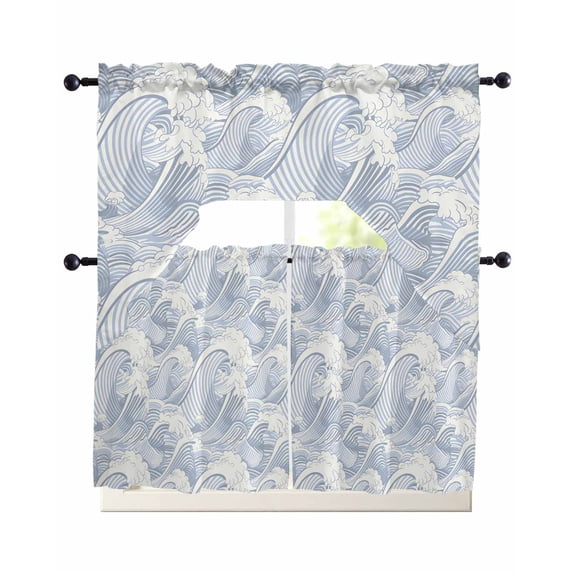 Blue Ocean Waves Kitchen Curtain and Valance Set 3 Pieces, Rod Pocket ...