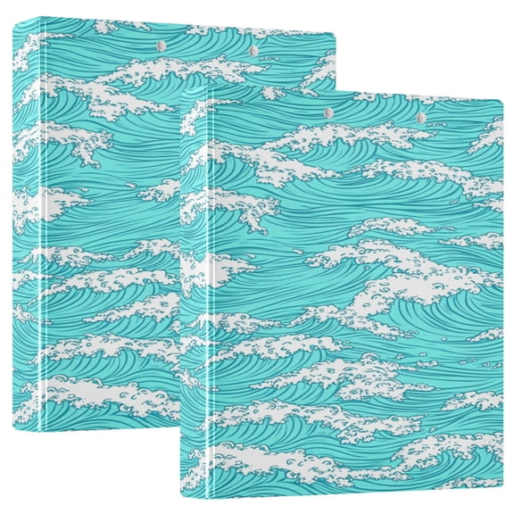 Blue Ocean Waves Pattern 12.4x10.6in PVC Round Ring Binder, D-Ring 3-Hole, Metal Clip, 200 Sheets
