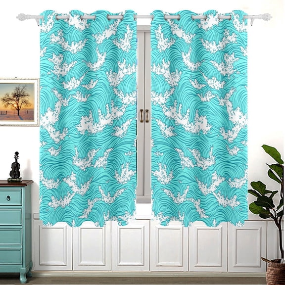 Blue Ocean Waves Pattern 63x55in Window Curtain Panels 63x55in 2-Piece Heavy Duty 80% Light Blocking