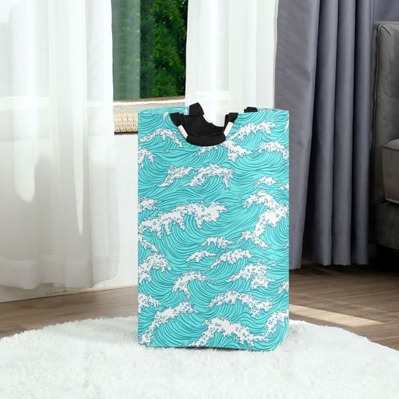 Blue Ocean Waves Pattern Foldable Laundry Hamper 12.6x11x22.7in with Handles for Bathroom Bedroom Storage