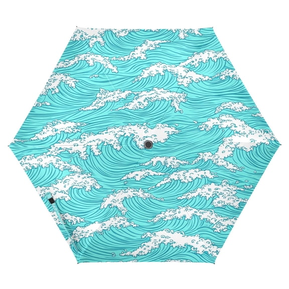 Blue Ocean Waves Pattern Folding Umbrella UV50+ Waterproof Sun Protection Auto Open Close Compact Fiberglass Frame