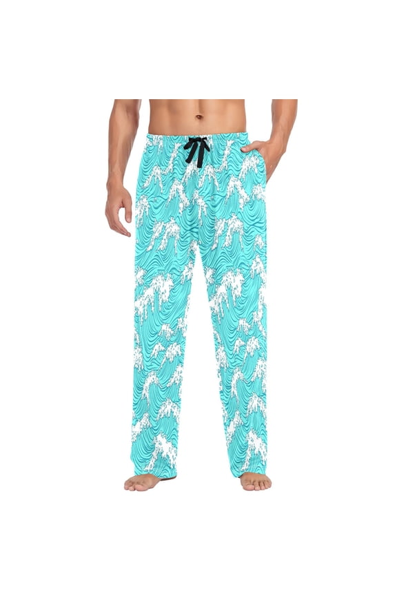 Blue Ocean Waves Pattern Mens Cotton Pajama Pants Long Staple Lightweight Sleep Bottoms with Pockets Breathable