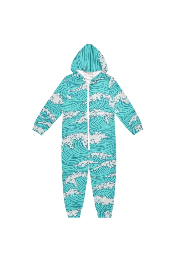 Blue Ocean Waves Pattern One Piece Pajamas Soft Jumpsuit Cozy Sleep and Play Romper Zipper and Pockets 7-8T